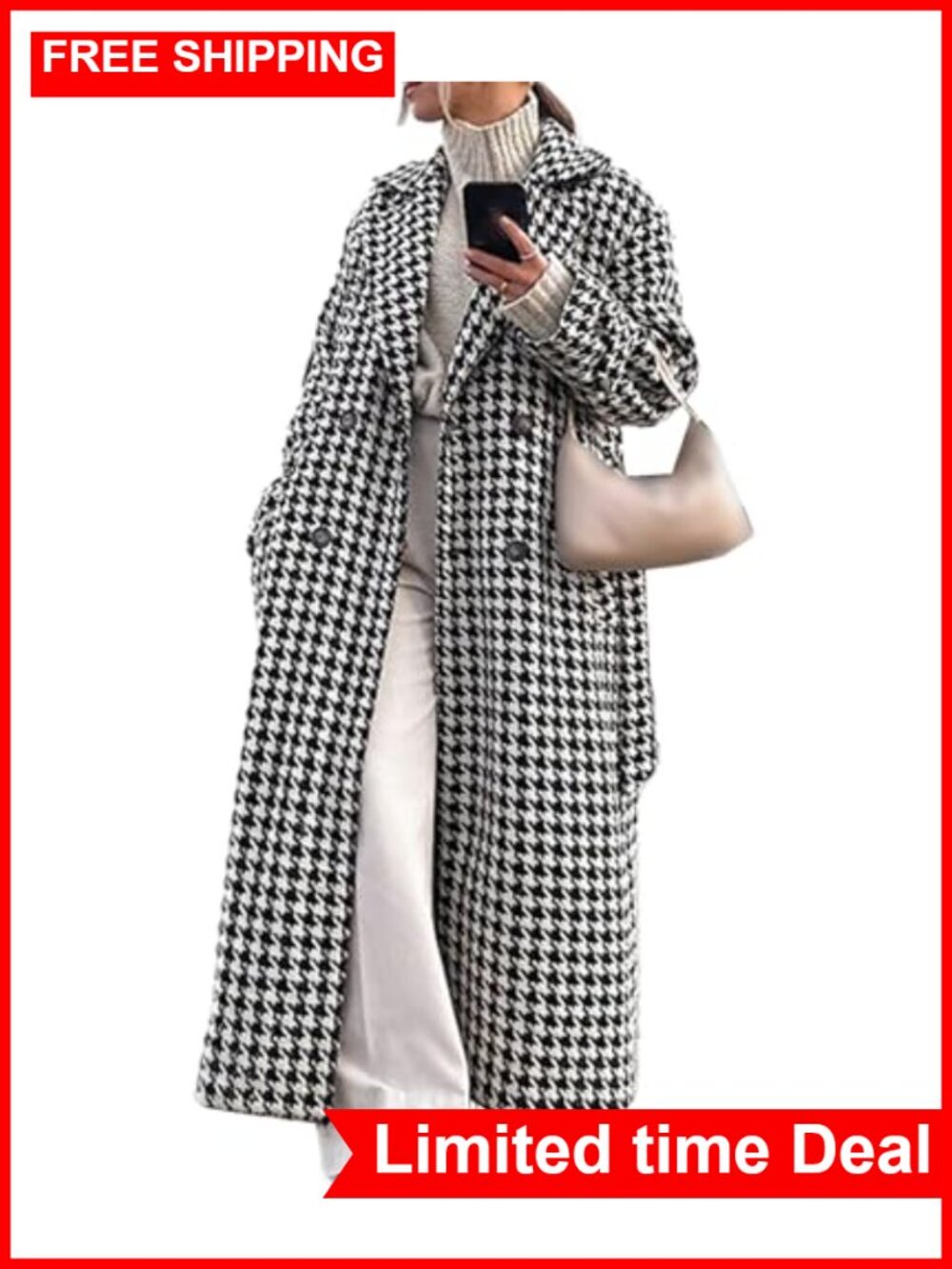 Houndstooth Trench Coat Double Breasted Belted Notch Lapel Winter Overcoat